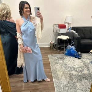 Beholden Ruby Twist Halter Satin Gown in Storm Cloud Blue